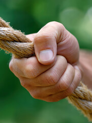 Obraz premium Hand gripping a thick rope in a natural outdoors setting during daylight hours