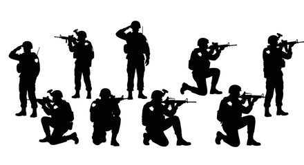 Adobe illustrator artwork vector illustration: Set of black silhouette vector illustrations of soldiers army in combat gear with rifles, in standing, kneeling, and saluting poses
