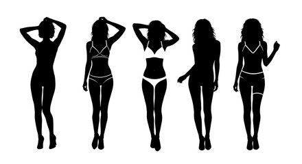 Adobe illustrator artwork vector illustration: Set of diverse female silhouettes in swimwear bikini and high heels stand in various stylish poses against a white background