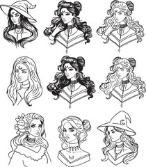 Witch face line art portrait drawing Halloween clipart set outline gothic fashion female minimalist contour sticker girl head different hairstyle cartoon people illustration magic coloring book sketch