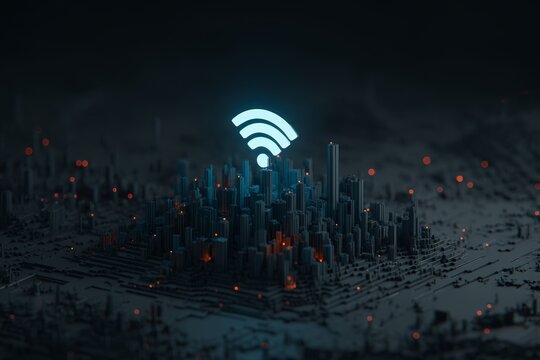 Futuristic urban cityscape with prominent wifi icon symbolizing connectivity