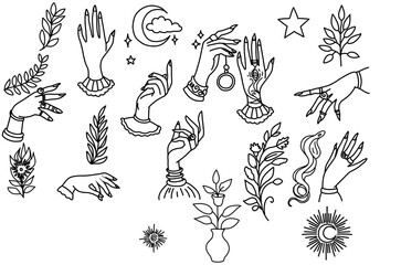 Set fortune teller hands lineart clipart halloween theme magic item witch hand with jewelry black...
