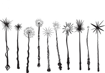Magic wand line drawing witch theme halloween clipart party invitation flyer gothic style illustration packaging design idea print. Wooden wand accessory sorcerers. Bengal fire new year ink graphic	