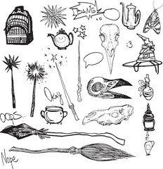 Doodle line art drawing clipart halloween holiday party invitation. Hand drawn minimalistic icons bird skull witch items broom animal skull comic ar Gothic stickers design elements occult scary theme	