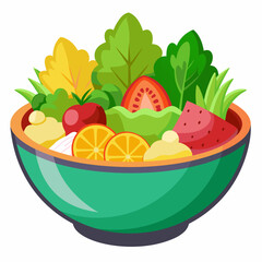 A bowl of fresh salad with tomatoes, lettuce, orange, and watermelon, isolated on white background