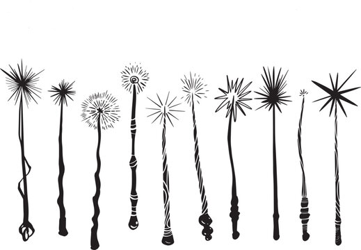 Magic wand line drawing witch theme halloween clipart party invitation flyer gothic style illustration packaging design idea print. Wooden wand accessory sorcerers. Bengal fire new year ink graphic	