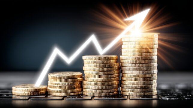 Rising coin stacks on keyboard with bright upward arrow indicating financial growth