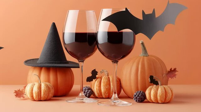 Two glasses of red wine for Halloween party. Pumpkins and bats decoration for spooky holiday celebration event. footage.