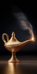 Ornate golden aladdin's lamp with mystical smoke on black background