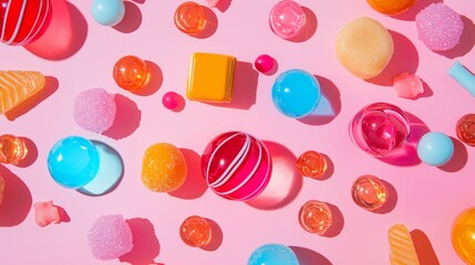 Candy spheres and drops floating on pastel background sweet confectionery abstract food art vibrant style