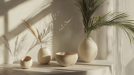 Fototapeta premium Neutral ceramic home decor still life with vases and shadows minimal natural warm light scene