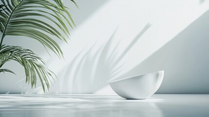 White ceramic bowl and palm shadow on clean light background minimal elegance modern kitchen scene