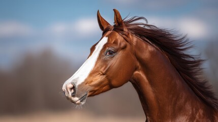 Obraz premium Majestic chestnut horse with flowing mane under a clear blue sky