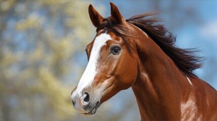 Obraz premium Beautiful chestnut horse with white blaze in natural setting