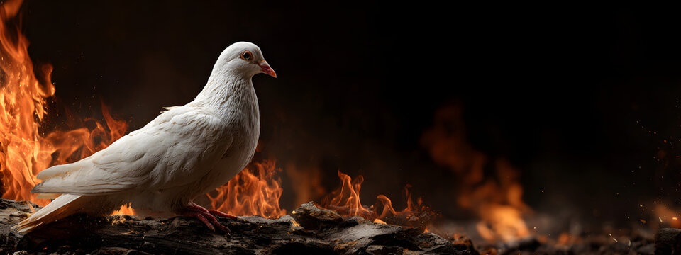 White dove in fire in the war. World peace day. Stop war in Ukraine. Peace crisis, no war, equality and love concept. Hiroshima Day. Background for banner, slogan, card, poster