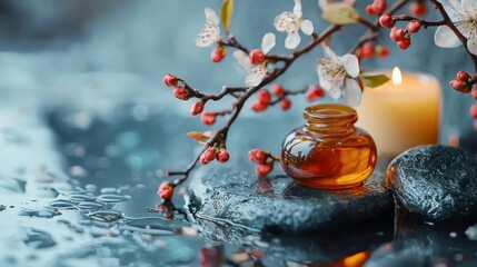 Zen spa scene with cherry blossoms candle and stones relaxation wellness beauty therapy background