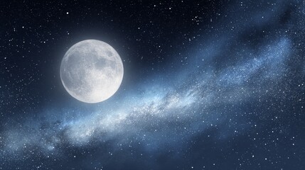 Full moon illuminating starry night sky with milky way galaxy