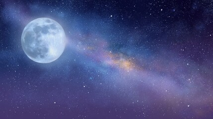 Full moon and milky way in starry night sky with cosmic colors