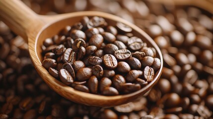 Fototapeta premium Wooden spoon full of roasted coffee beans closeup macro caffeine concept dark rustic food photography