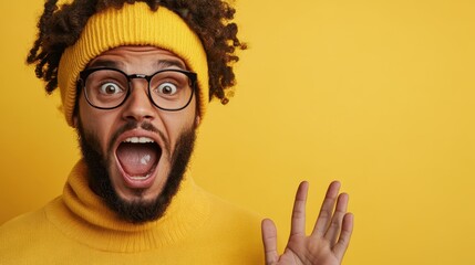 A joyful man displaying a vibrant expression against a bright yellow backdrop, capturing the essence of enthusiasm and positivity in everyday life.