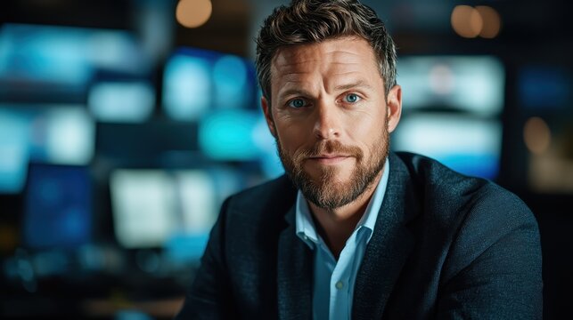 A confident man with a neat beard and bright blue eyes smiles warmly in a modern office environment, showcasing professionalism and approachability in a corporate atmosphere.