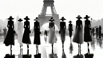 Parisian Elegance: Stylish women walking near the iconic Eiffel Tower in a timeless black and white scene - Powered by Adobe