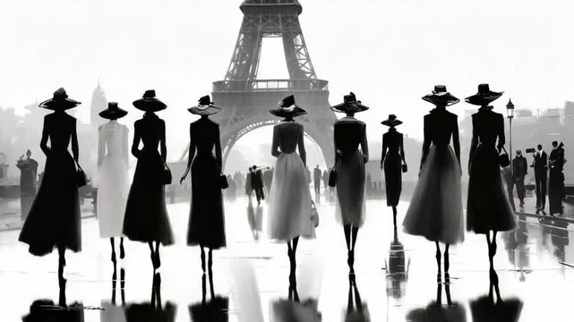 Parisian Elegance: Stylish women walking near the iconic Eiffel Tower in a timeless black and white scene