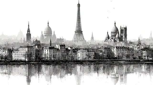 Parisian Panorama in Black and White: A Seamless Skyline Reflection Artwork
