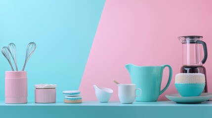 Modern kitchen accessories including blender cups and plates on pastel pink and blue background