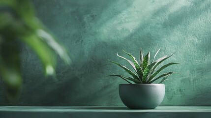 Green aloe vera plant in ceramic pot placed against textured wall with shadow and sunlight
