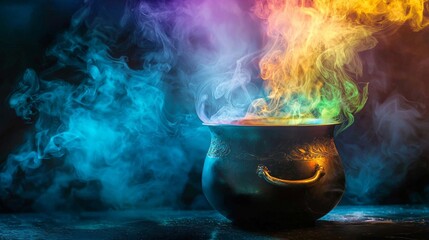 Mysterious cauldron emitting colorful smoke in dark setting with mystical magical fantasy theme