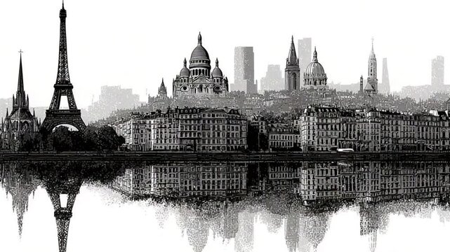 Parisian Skyline Reflection: A Black and White Architectural Composition of Iconic Landmarks