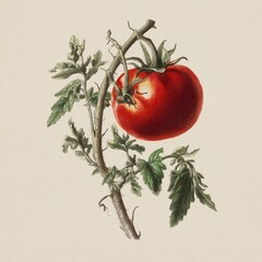 Vintage botanical illustration of a tomato plant with red fruit