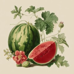 Vintage watermelon botanical illustration with flowers and leaves