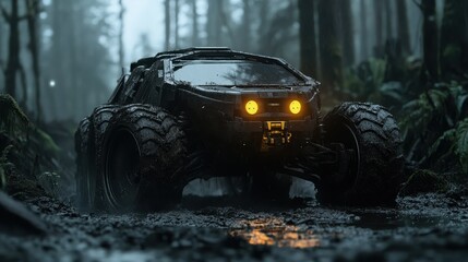 An off-road vehicle shines in the dim, foggy forest, surrounded by tall trees, signifying adventure, exploration, and the thrill of navigating the rugged terrain in nature.