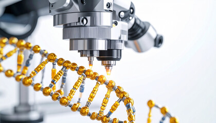 Genetic Precision: A detailed close-up view reveals a high-tech microscope meticulously analyzing a strand of DNA, symbolizing cutting-edge scientific research.