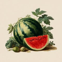 Vintage watercolor illustration of whole and sliced watermelon with leaves