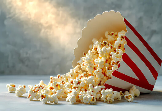 Delicious buttery popcorn spilling from striped box