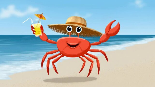 Cheerful crab dancing on beach with hat and drink by the ocean shoreline