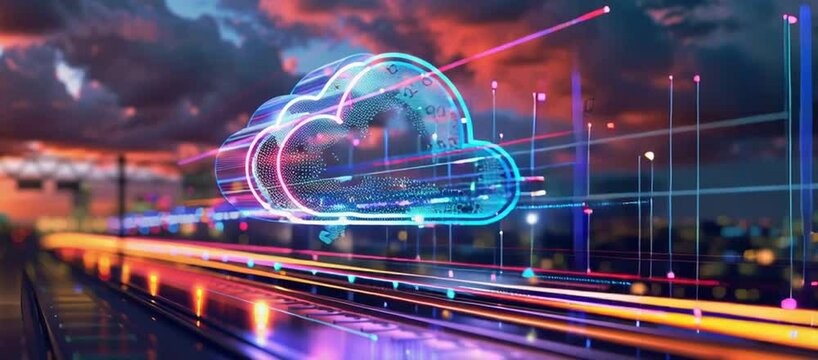 cloud computing with a speeding train on a city background, in the style of digital mixed media, light amber and azure, rtx on, violet and cyan, focus on materials, passage, website Generative AI