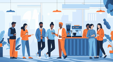 Adobe illustrator artwork vector illustration: Teamwork and collaboration emphasized as diverse professionals interact in a modern office break room, by the coffee machine and meeting table