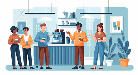 Adobe illustrator artwork vector illustration: Teamwork and collaboration emphasized as diverse professionals interact in a modern office break room, by the coffee machine and meeting table