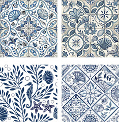 Decorative tiles in blue and white with coastal and nautical elements seamless pattern collection