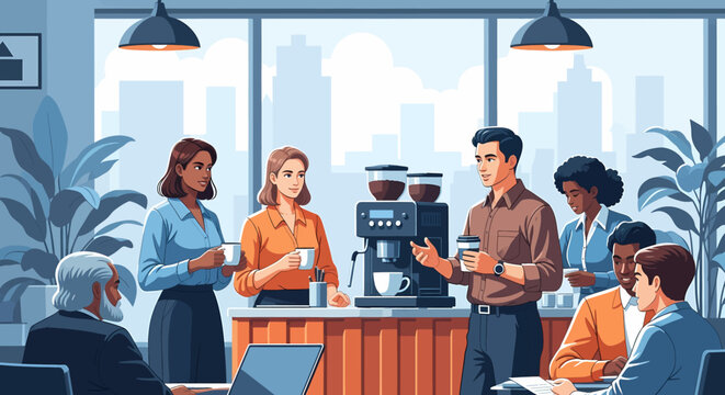 Adobe illustrator artwork vector illustration: Teamwork and collaboration emphasized as diverse professionals interact in a modern office break room, by the coffee machine and meeting table