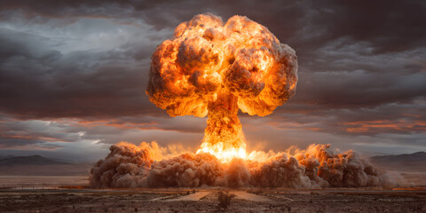 Nuclear weapon. Atomic bomb drop test with nuclear explosion and a large fire mushroom