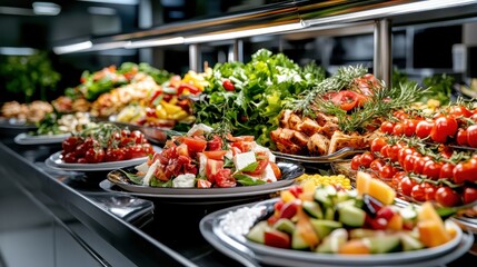 Obraz premium A colorful salad bar filled with an array of fresh vegetables, fruits, and protein options, inviting people to create their personalized healthy meals.