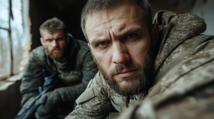 Fototapeta premium In a dimly lit environment, two soldiers in camouflage gear display determination and focus, portraying the emotional intensity of their mission in a gripping photograph.