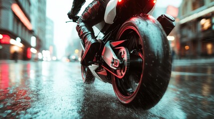 Fototapeta premium A powerful motorcycle rides through rainy city streets, showcasing a sense of adventure and freedom amidst wet urban landscapes and blurred neon lights reflecting on the pavement.