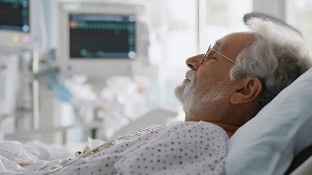 Elderly patient in hospital bed observing heart monitor in medical ward setting