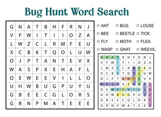 Bug Hunt Word Search Puzzle with Solution and Insect List